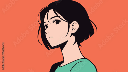 Female character in an animated style with short hair looking to the side against an orange background