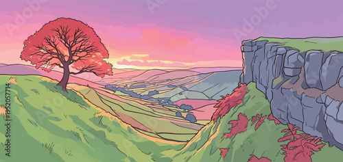 Bright sunset over a valley with a tree and cliffs in the background near rolling hills