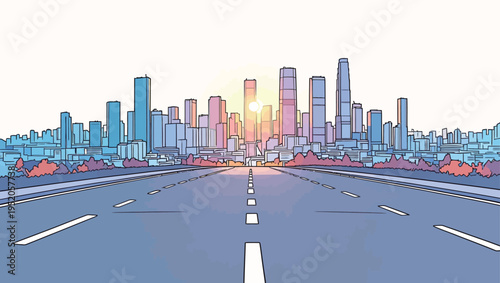 City skyline at sunset viewed from empty road with trees on both sides
