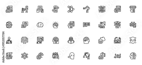 Artificial Intelligence icon set. Vector line icons pack for Finances, Robot Arm, Chatbot, AI Brain, Analytics, Face Recognition, Healthcare, Autonomous Car and more. Editable stroke.