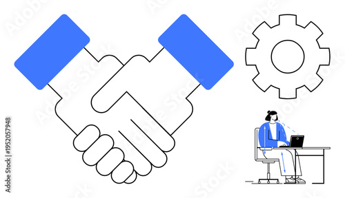 Business collaboration. Handshake partnership and mutual agreement, large gear for process efficiency, and a worker at a desk. Business collaboration in project management, teamwork, professional