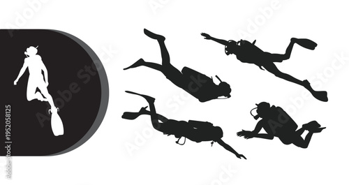 A group of scuba divers in various swimming positions on a white background
