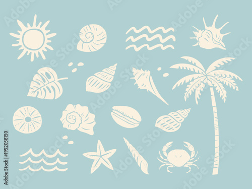 Summer beach silhouette illustration set. Hand drawn tropical seaside elements with palm tree, seashell, starfish, crab, sun and ocean waves. Coastal clipart collection for cards, prints and summer de