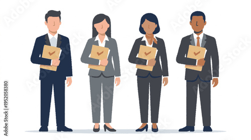 Diverse team of four business professionals standing in alignment holding clipboards with checkmarks