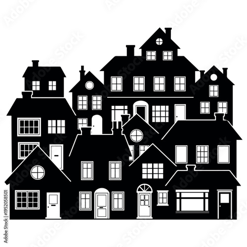 Print Silhouette Illustration of Houses Building the Neighborhood