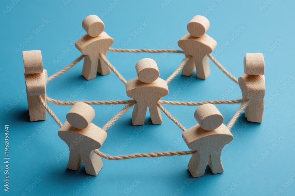 Obraz premium Interconnected Network: Wooden figures linked together, representing community, network, teamwork, and global connection. Reflecting the essence of unity and collaboration.