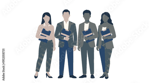 Diverse team of four professionals standing together in business attire holding documents