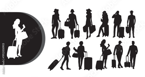 A group of travelers with luggage standing in various poses on a white background