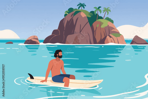 Illustration Of A View Of Large Rocks With A Surfer Sitting On A Surfboard On The Beach Vector Design Template