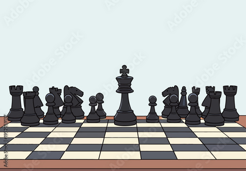 Chess game is in progress with black pieces positioned on the board as players think about their moves during a casual afternoon