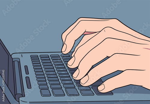 Hands typing on a laptop keyboard in a simple indoor setting during daytime