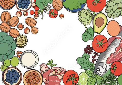 Colors and shapes of fresh food spread out on a white surface, showing various fruits, vegetables, nuts, and fish in a round arrangement