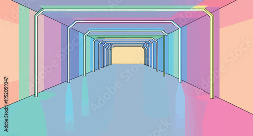 Colorful hallway with geometric patterns in a modern space during daylight hours