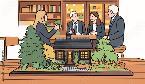 People discussing a building model in an office setting during daytime with a warm atmosphere