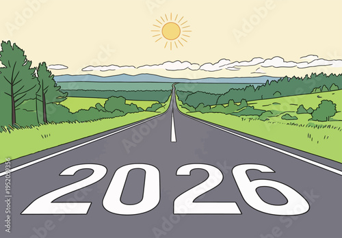 Road ahead with the year 2026 showing under a sunny sky and green landscape in the background