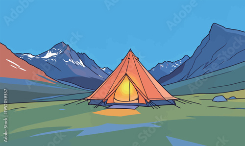 Camping at sunset with a tent set against mountains and a clear sky in the background