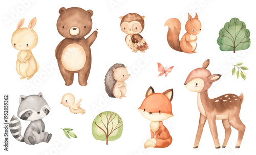 Watercolor woodland animals illustration for kids