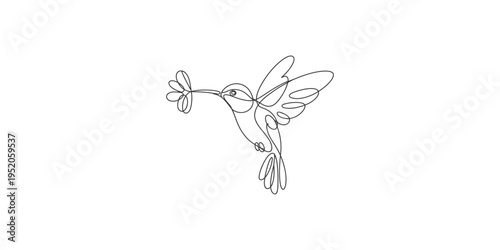 One line drawing of a hummingbird flying to a flower single continuous bird flight nature