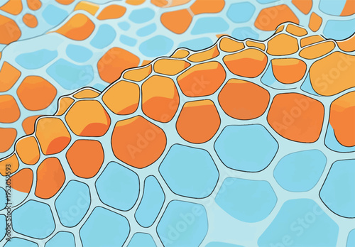 Bright orange and blue pattern on a surface resembles a honeycomb structure with rounded shapes in a wave-like arrangement