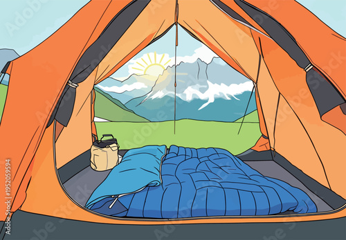 Camping inside a tent at sunrise by the mountains with a sleeping bag and gear ready for the day