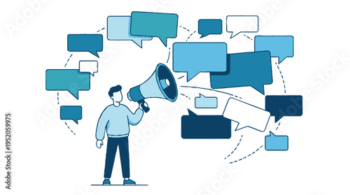 Modern vector illustration of a person holding a megaphone broadcasting messages and ideas to a network of speech bubbles symbolizing