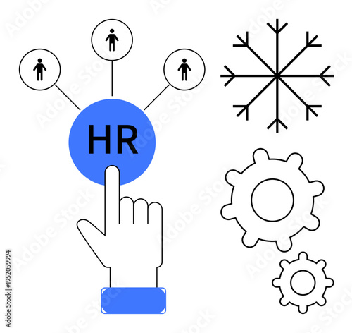 Team management, recruitment, HR processes, workforce strategies, business operations, workflow design. Hand pointing at HR icon with connected people, snowflake and gear symbols. Team management