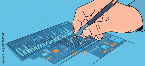 Person writes on a digital screen while analyzing data trends in a modern office setting during daytime