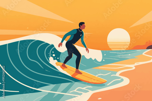 Illustration Of A Young Man Surfing On Big Waves, With A Sunset Atmosphere Vector Design Template