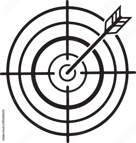 A black and white image of a target with an arrow in the bullseye