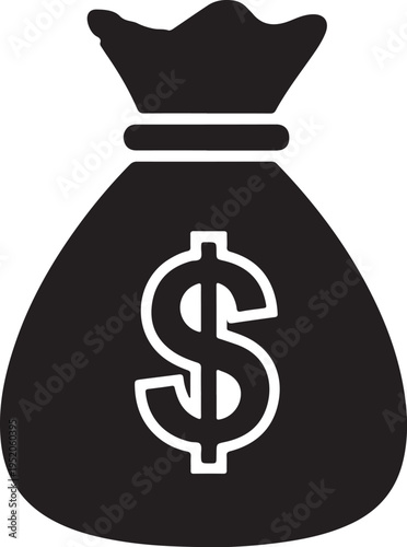 A black and white icon of a money bag with a dollar sign