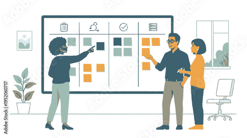 Three colleagues discuss and plan teamwork strategy on a large whiteboard with colorful sticky notes in modern office