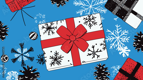 Colorful gift boxes and snowflakes on a blue background in a festive winter setting during the holiday season
