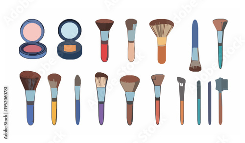 Colorful makeup brush doodle vector set with cosmetic tool icons isolated on white background