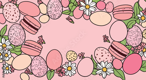 Bright pink background with decorative eggs and flowers arranged in a circular pattern for Easter celebration