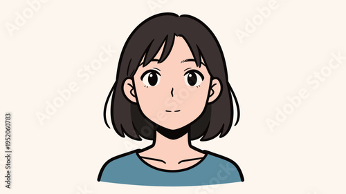 Young girl with short hair smiling and looking at the viewer in a simple design, showing a friendly expression in bright colors