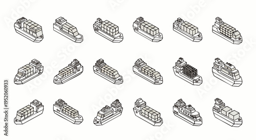 Collection of Cargo Ships and Container Ships in Isometric View, Illustrating Global Logistics and Maritime Transport