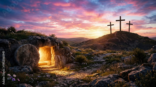 Easter morning sunrise, three crosses sit on a hill while the entrance to a tomb glows softly in the foreground. Flowers grow around the rocks in the serene landscape