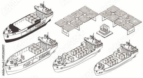 Cargo Ship and Container Terminal Isometric Illustrations: Loading, Unloading, and Shipping Logistics