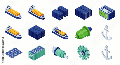 Isometric set of industrial and cargo transport elements: ships, containers, anchors, solar panels, turbines, and more.