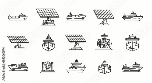 Set of icons depicting ships, solar panels, and maritime technology, symbolizing eco-friendly transportation and renewable energy in the shipping industry.