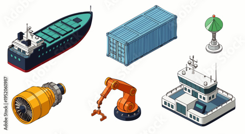 Isometric industrial icons: cargo ship, shipping container, water tower, jet engine, robot arm, and control tower