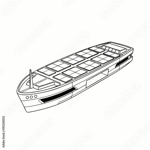 Outline illustration of a modern container ship with cargo on deck, symbolizing global trade and logistics.