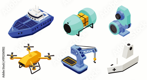 Set of isometric technology icons: drone, industrial robot arm, futuristic ship, cargo container, camera, and medical vessel