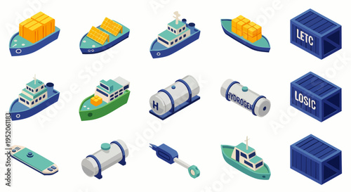 Set of isometric icons representing cargo ships, containers, and logistics elements for transportation and shipping industry