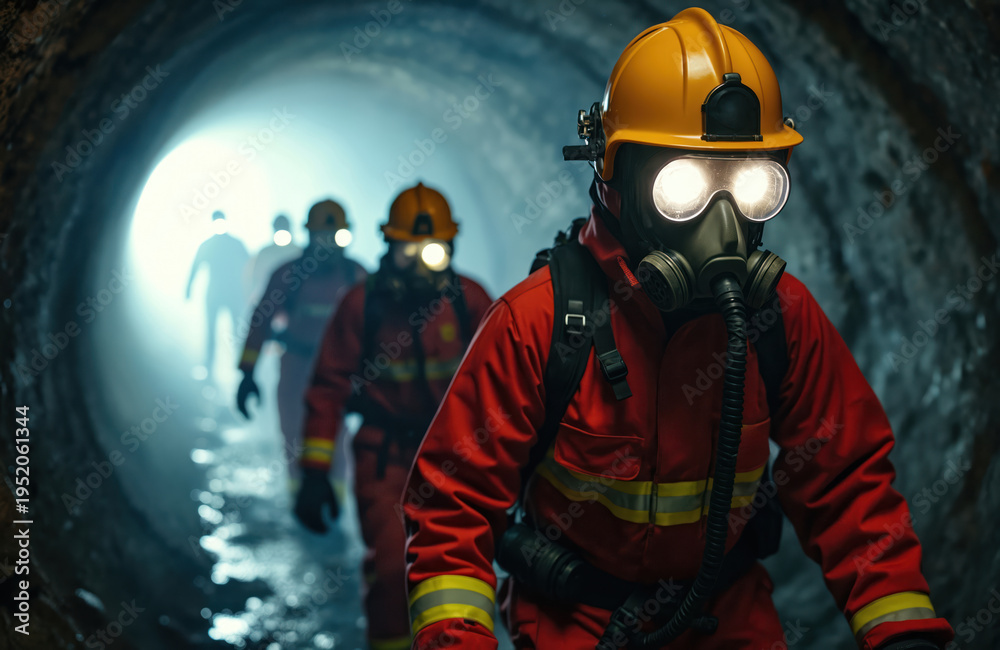 Obraz premium Rescuers in protective gear, gas masks enter dark tunnel with flashlights illuminating way. Team advances cautiously, ready for search, rescue operations in hazardous conditions, teamwork evident.