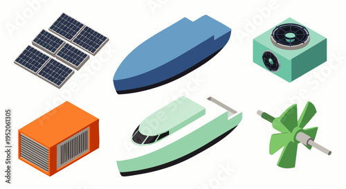 Set of isometric icons representing renewable energy, marine transport, and industrial components on a white background