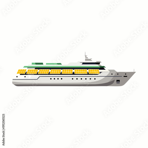Modern passenger ferry boat with multiple decks and yellow seating, isolated on white background, vector illustration