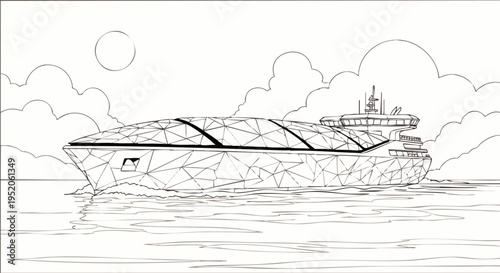 Futuristic geometric cargo ship sailing on the ocean, line art illustration. Modern vessel design representing advanced technology and sustainable transport.