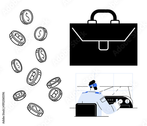 Blockchain technology, cryptocurrency security, financial investment, fintech innovation, digital transactions, market analysis. Coins, briefcase and professional at work. Cryptocurrency security