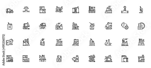 Petroleum icon set. Vector symbols for oil, gas, drill, pipeline, refinery, platform, pumpjack, gasoline, trade and more. Editable stroke.